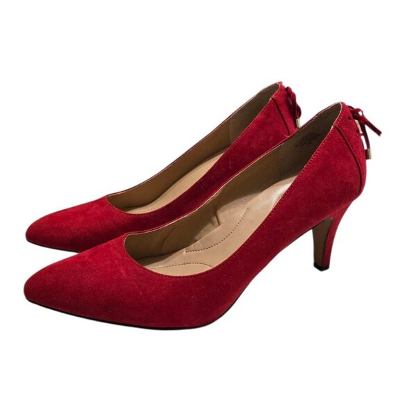 Coach and Four Louisa Red Faux Suede Corset Lace Up Pointed Toe Pumps Sz 11M - Picture 1 of 10